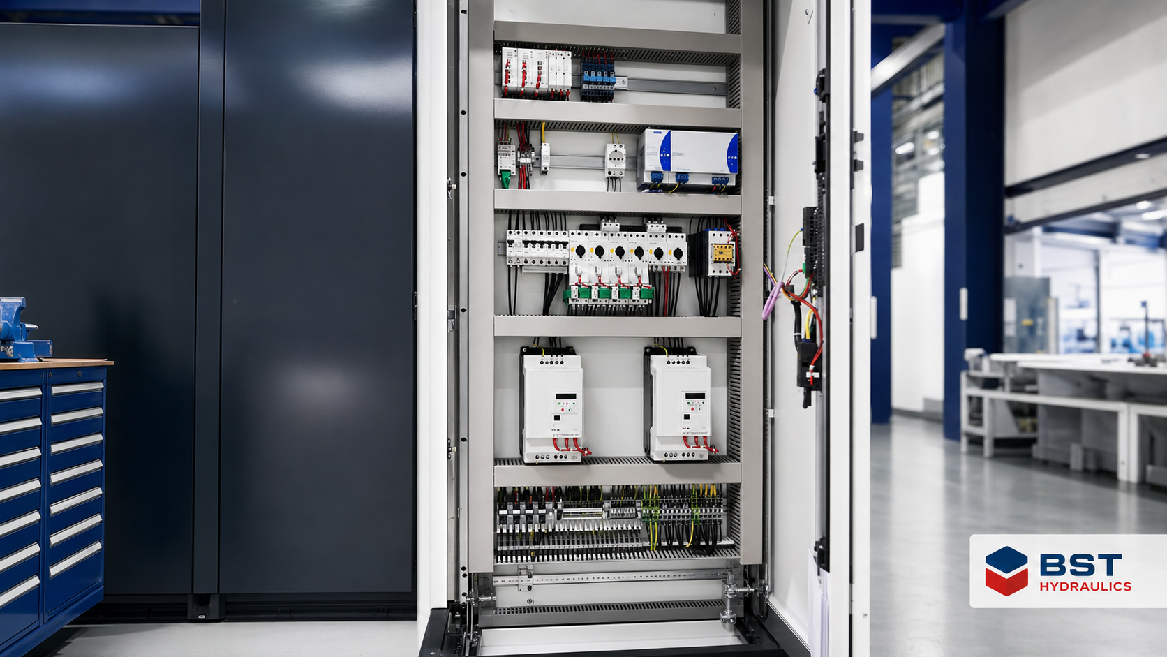 Geöffneter Schaltschrank mit elektrischen Komponenten – BST Hydraulics Referenz